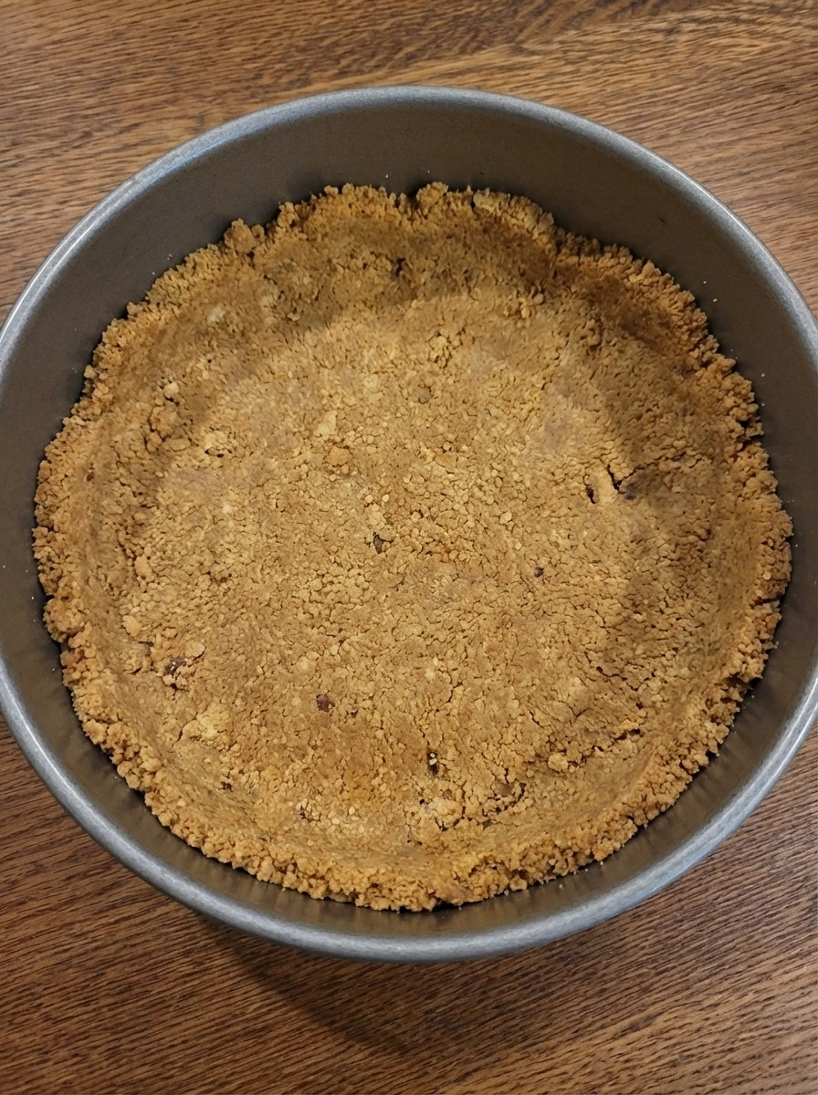 Pressed graham cracker crust in a round springform pan