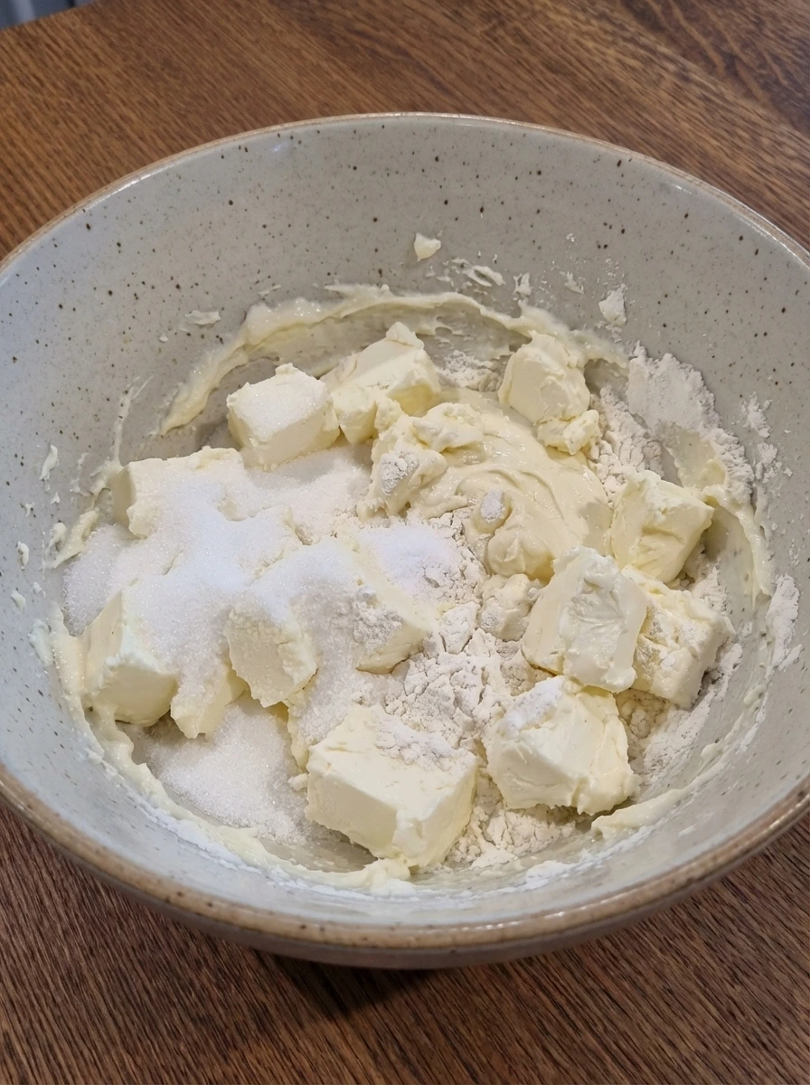 Cream cheese chunks with sugar and flour partially mixed for cheesecake filling