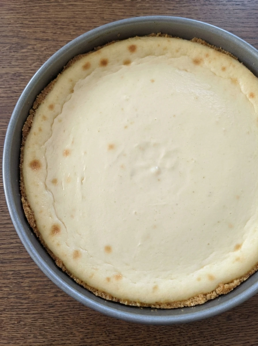 Chilled cheesecake set firm with a smooth lightly golden top