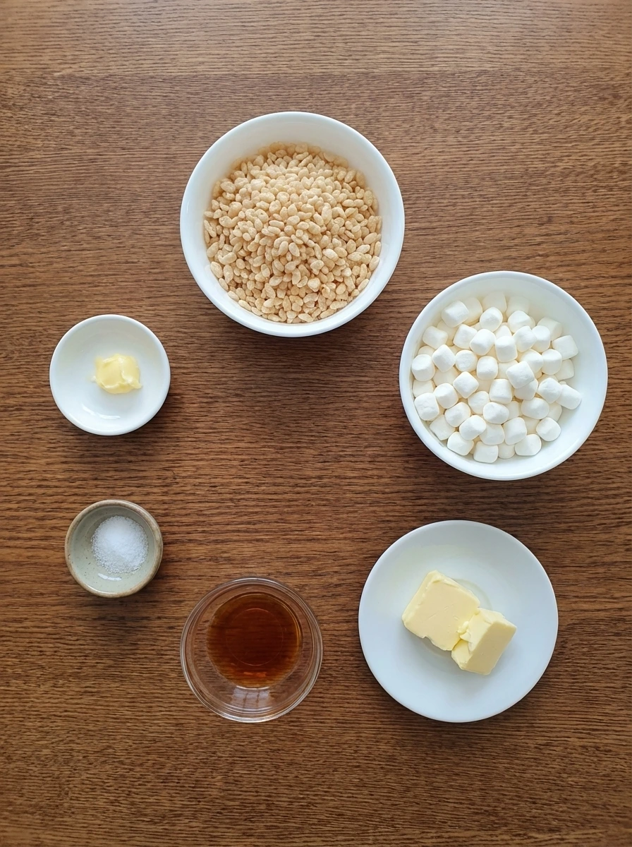 Measured ingredients for Classic Rice Krispie Treats in separate small containers