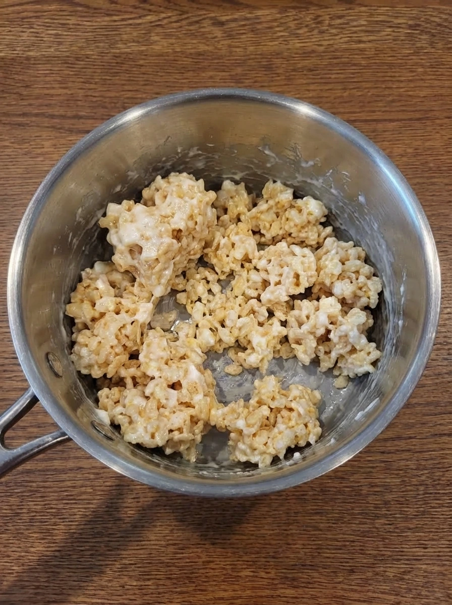 Rice Krispies cereal being folded into melted marshmallow mixture