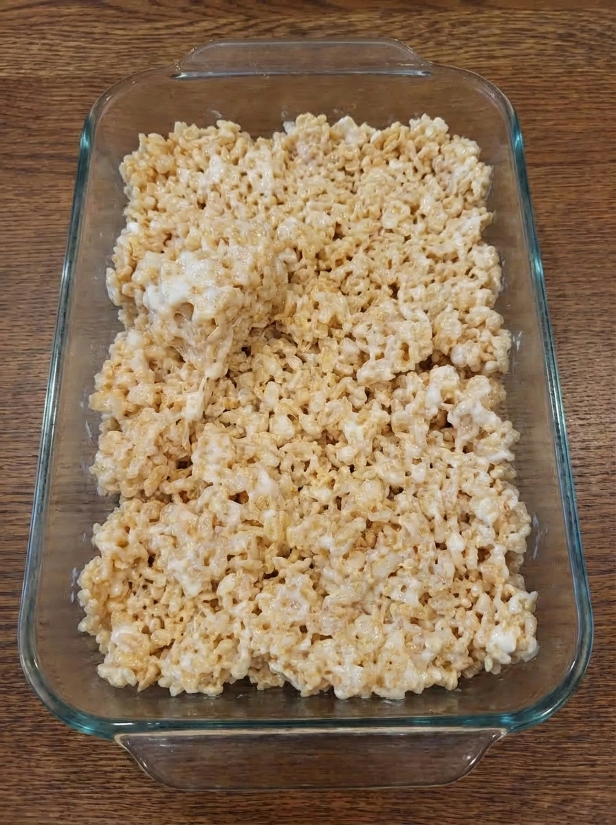 Rice Krispie Treat mixture pressed into a baking dish with uneven top