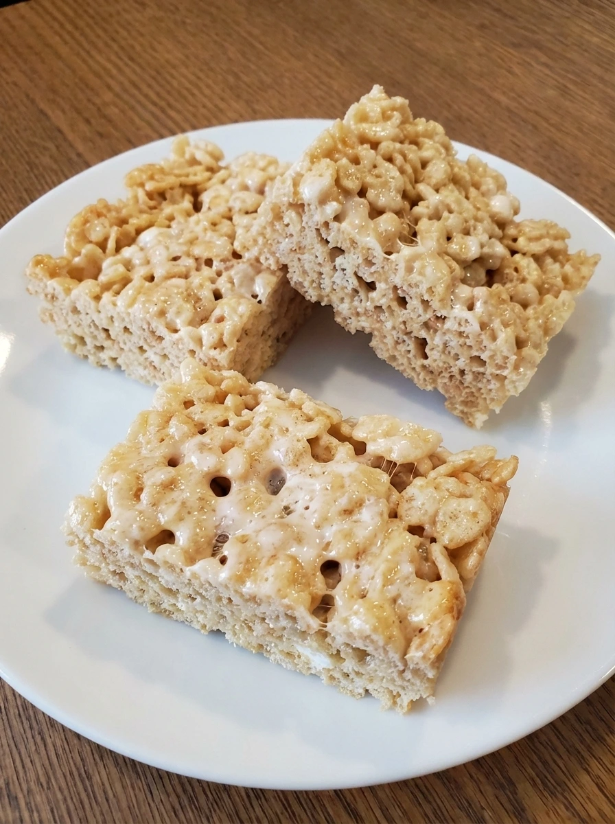 Cut Classic Rice Krispie Treats on a white plate with chewy marshmallow texture