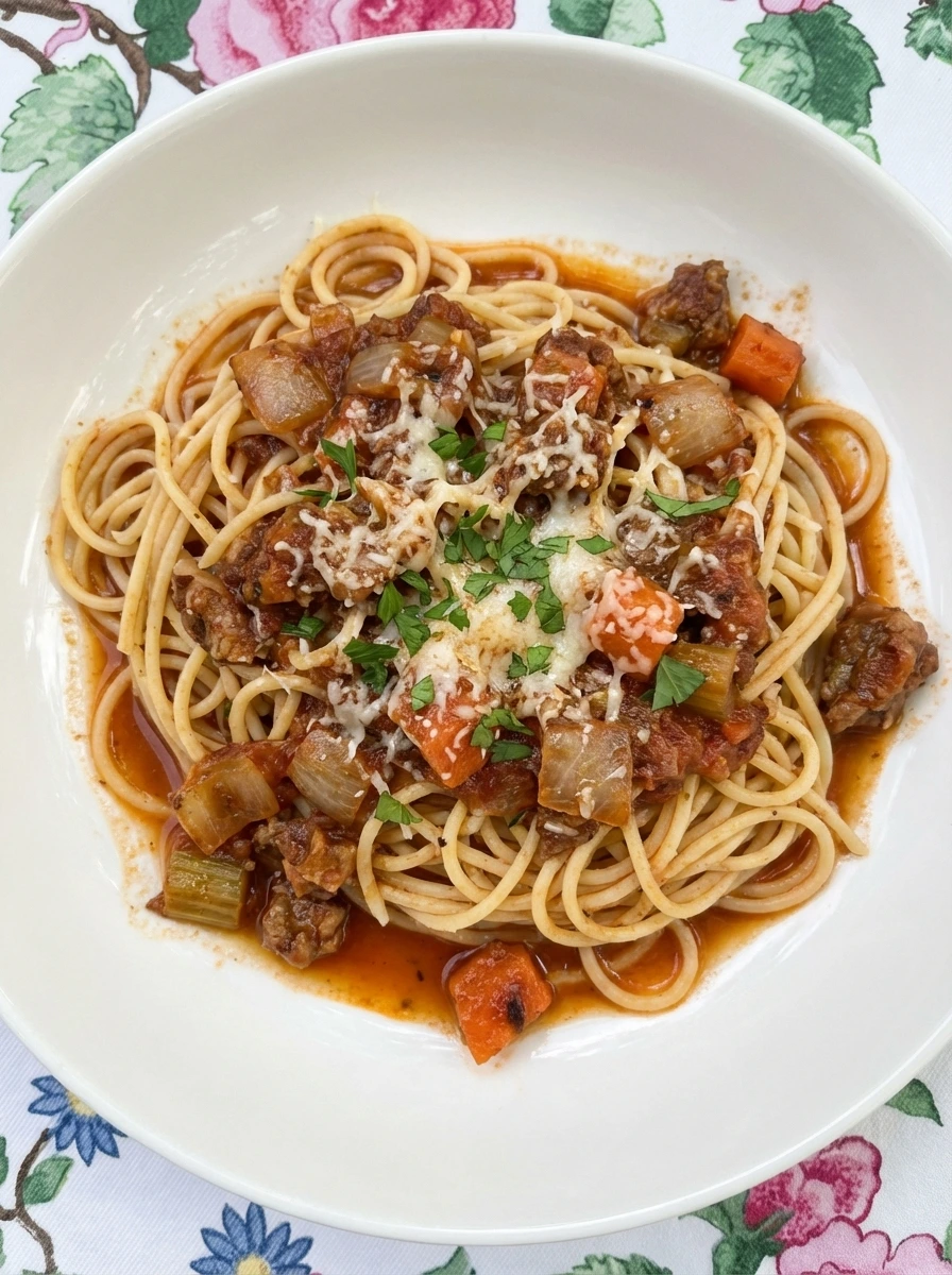Classic Spaghetti Bolognese plated on a shallow white ceramic pasta plate with rich meat sauce and grated Parmesan