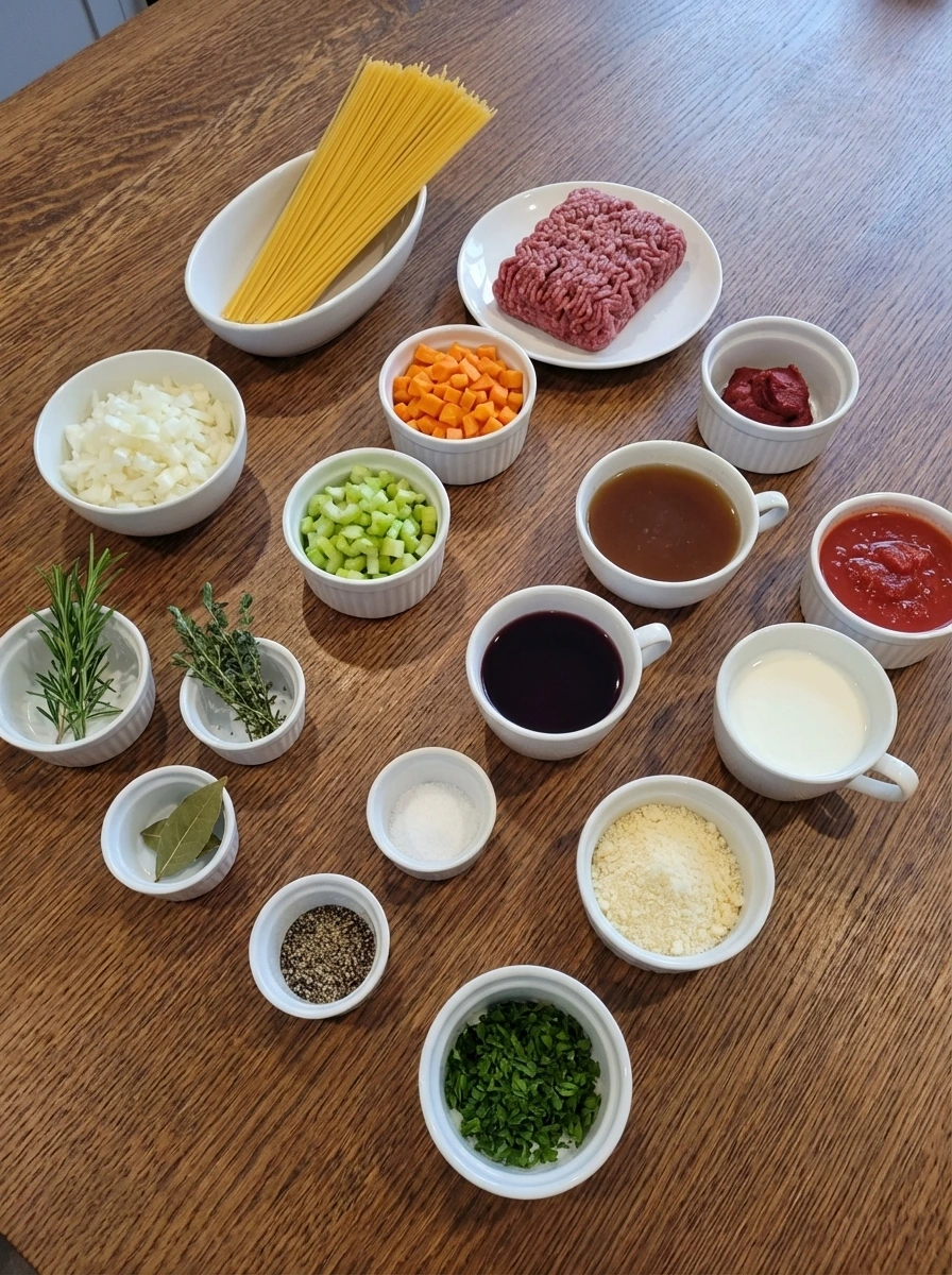 Ingredients for Classic Spaghetti Bolognese arranged in separate small containers