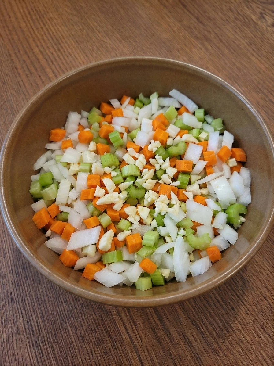 Finely diced onion carrot celery and garlic in a bowl for Bolognese