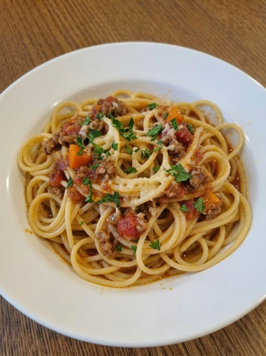 Plated Classic Spaghetti Bolognese with Parmesan and parsley