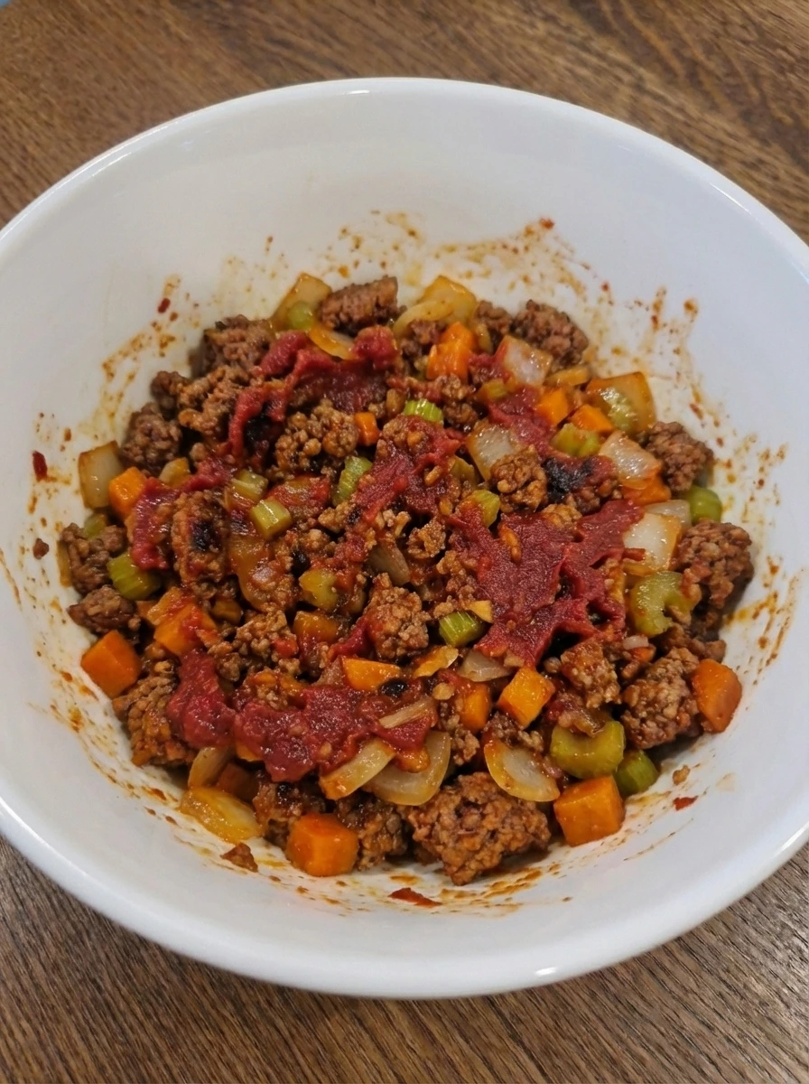 Browned beef and vegetables coated with tomato paste