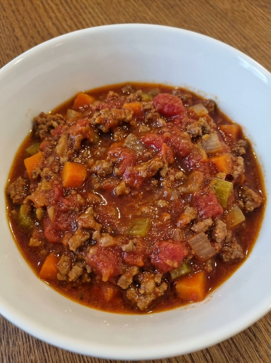 Chunky red meat sauce forming for Classic Spaghetti Bolognese