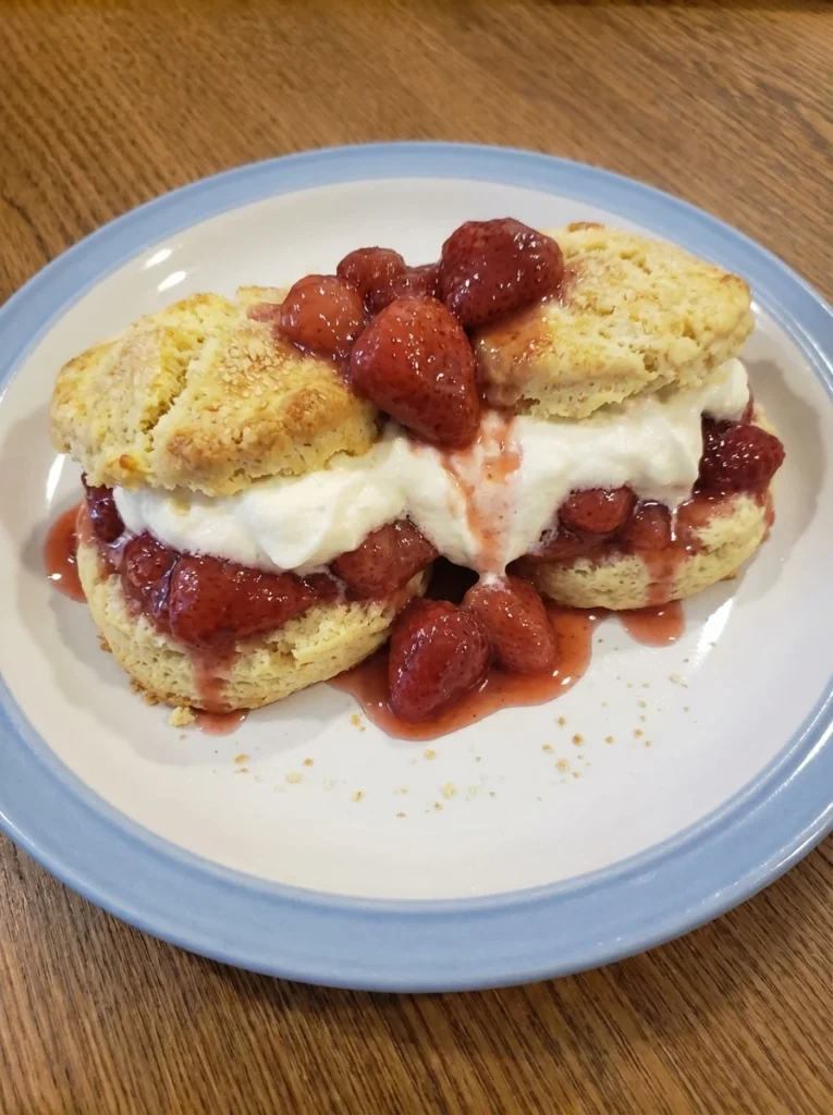 Classic Strawberry Shortcake with golden biscuits syrupy strawberries and whipped cream on a white stoneware plate
