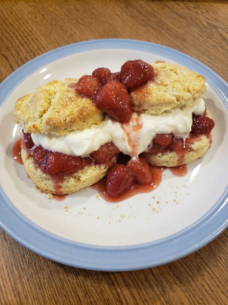 Classic Strawberry Shortcake with golden biscuits syrupy strawberries and whipped cream on a white stoneware plate