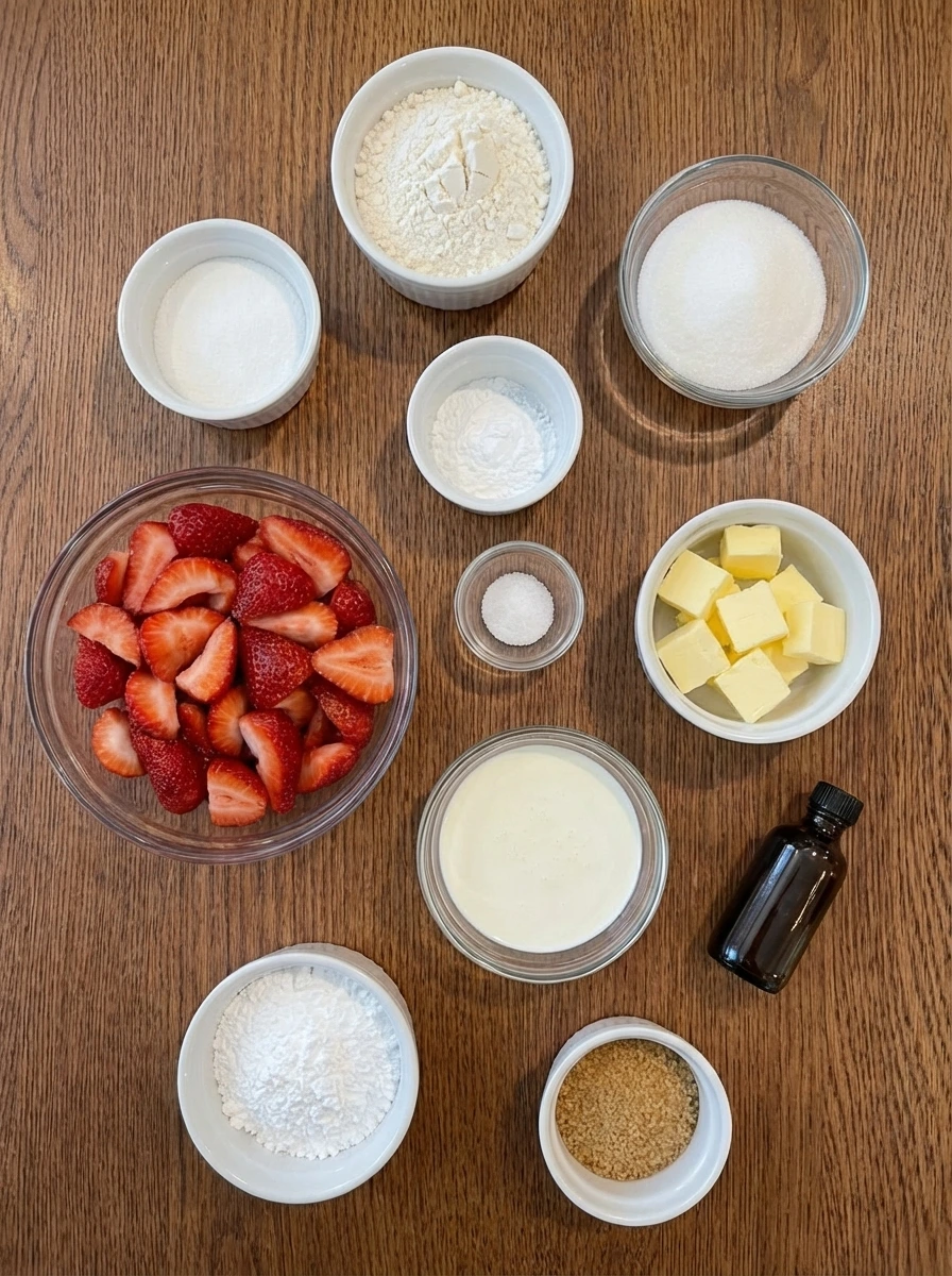 Ingredients for Classic Strawberry Shortcake in separate small containers