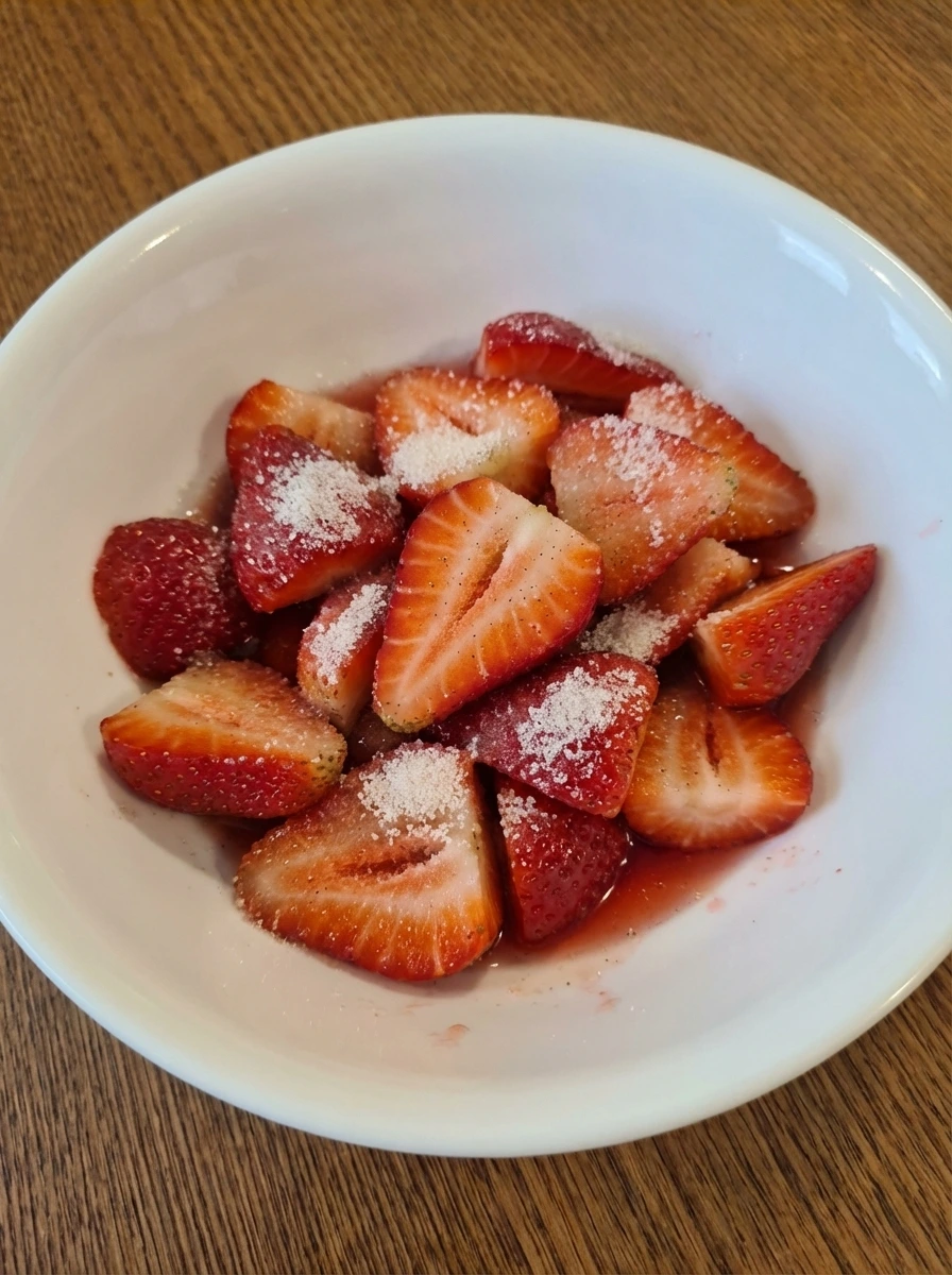 Sliced strawberries coated with sugar in a white bowl