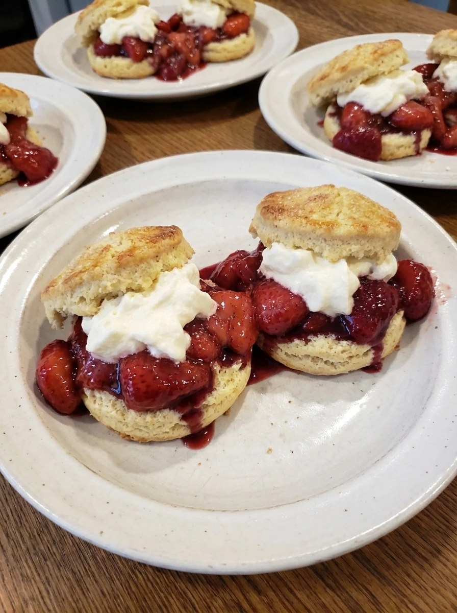 Strawberry shortcakes layered with berries and whipped cream