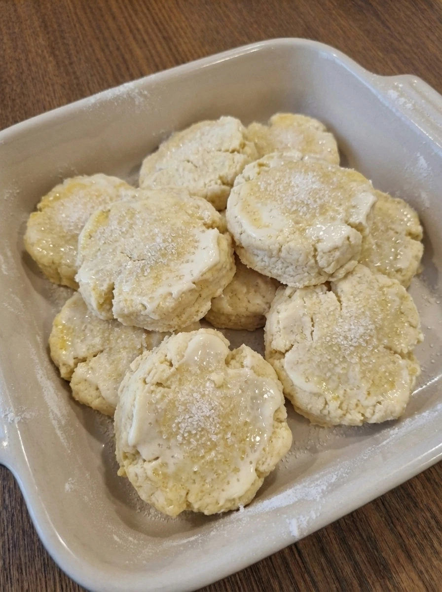 Unbaked shortcakes brushed with cream and sugar