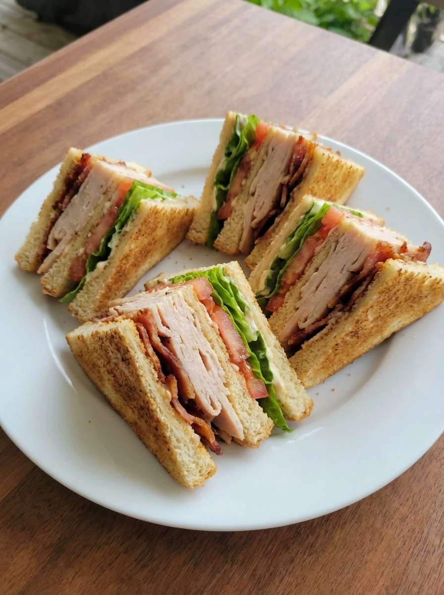 Classic Turkey Club Sandwich on a white plate with toasted bread turkey bacon lettuce tomato and mayo.
