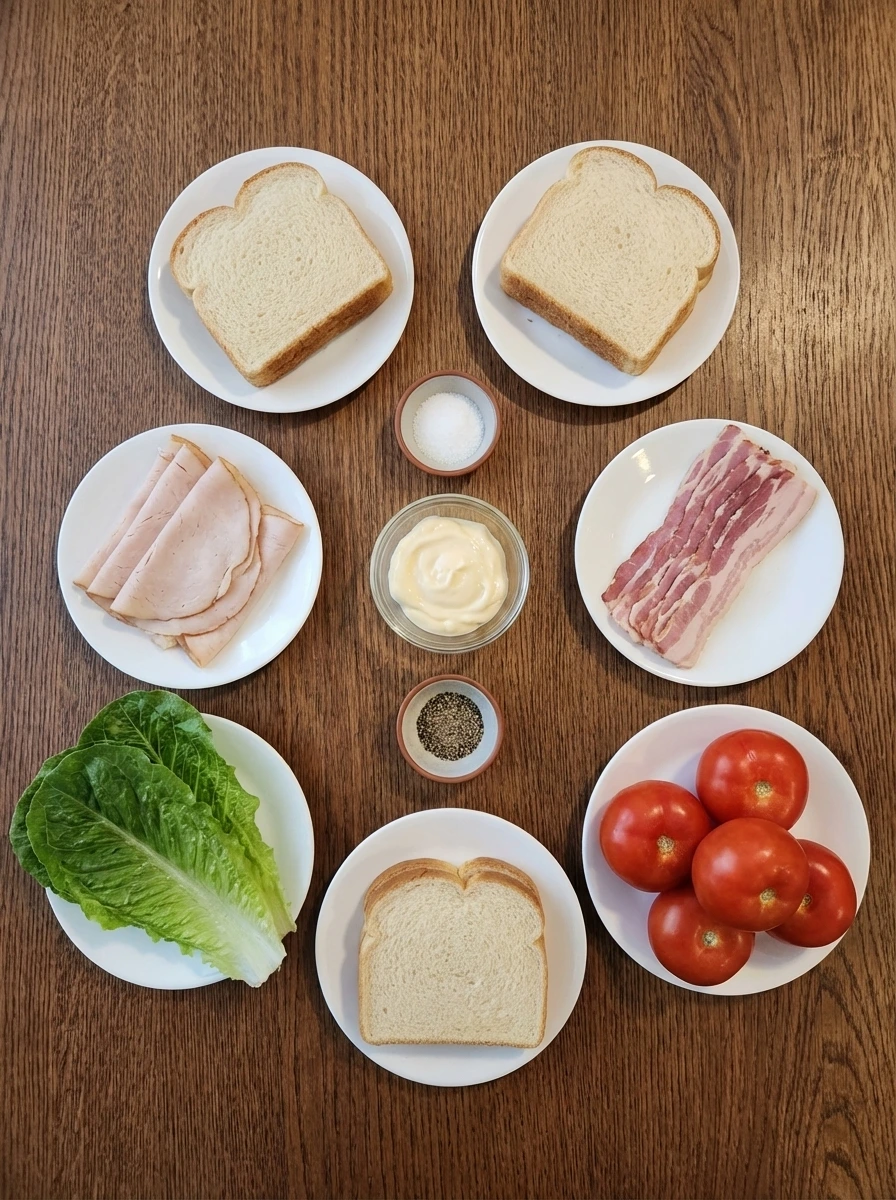 Separate containers holding bread turkey bacon lettuce tomato mayonnaise salt and pepper for a Classic Turkey Club Sandwich.