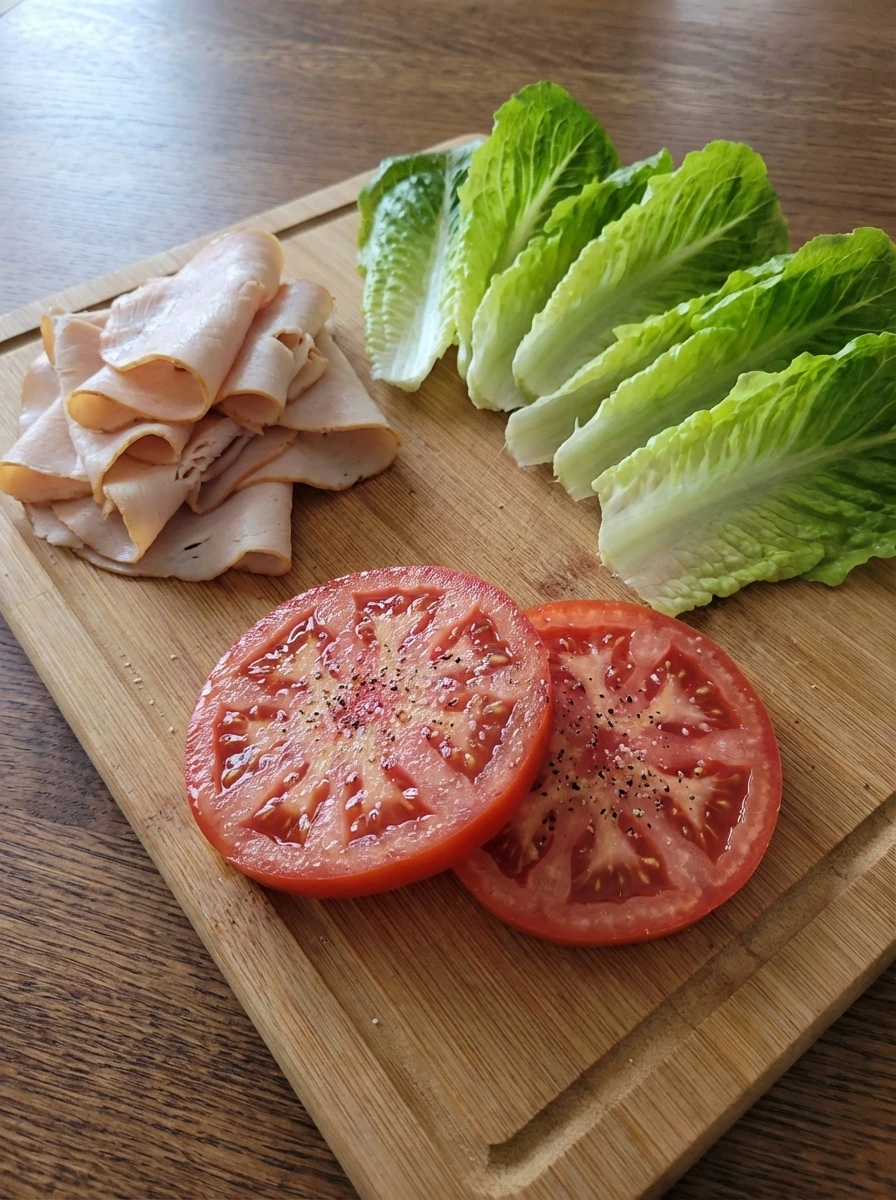 Sliced tomatoes with turkey and lettuce prepared for a Classic Turkey Club Sandwich.