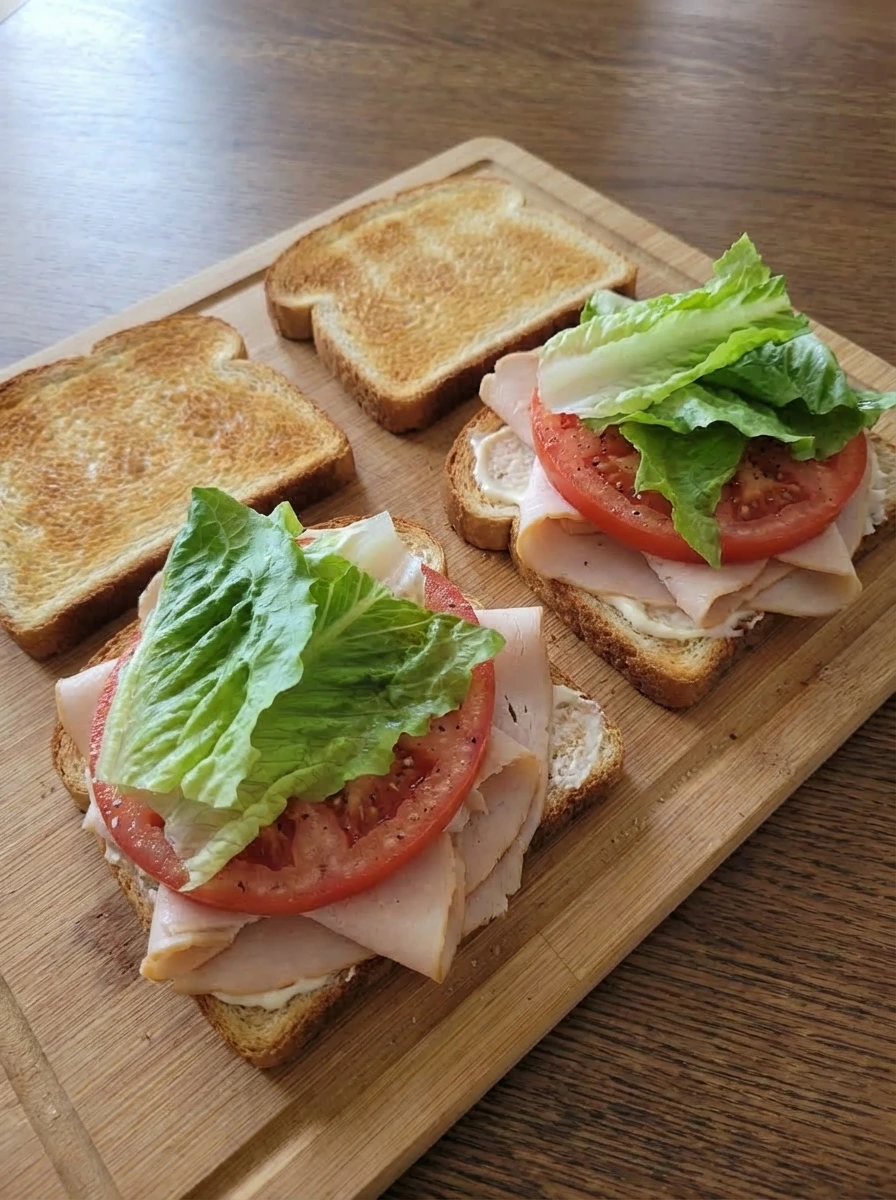 Club sandwich layered with mayo turkey tomato and lettuce on toasted bread.