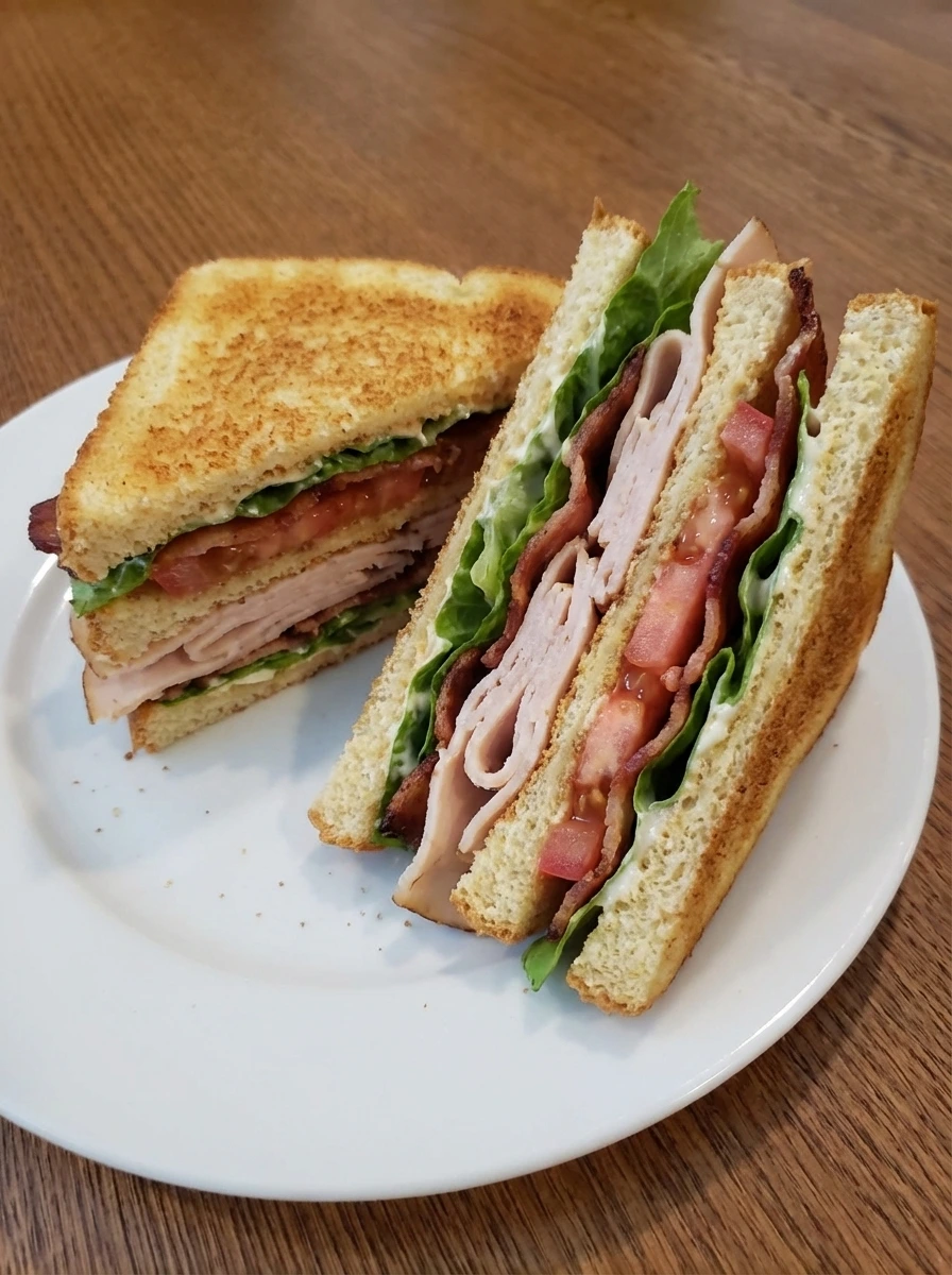 Halved Classic Turkey Club Sandwich portions on a white plate with visible layers.