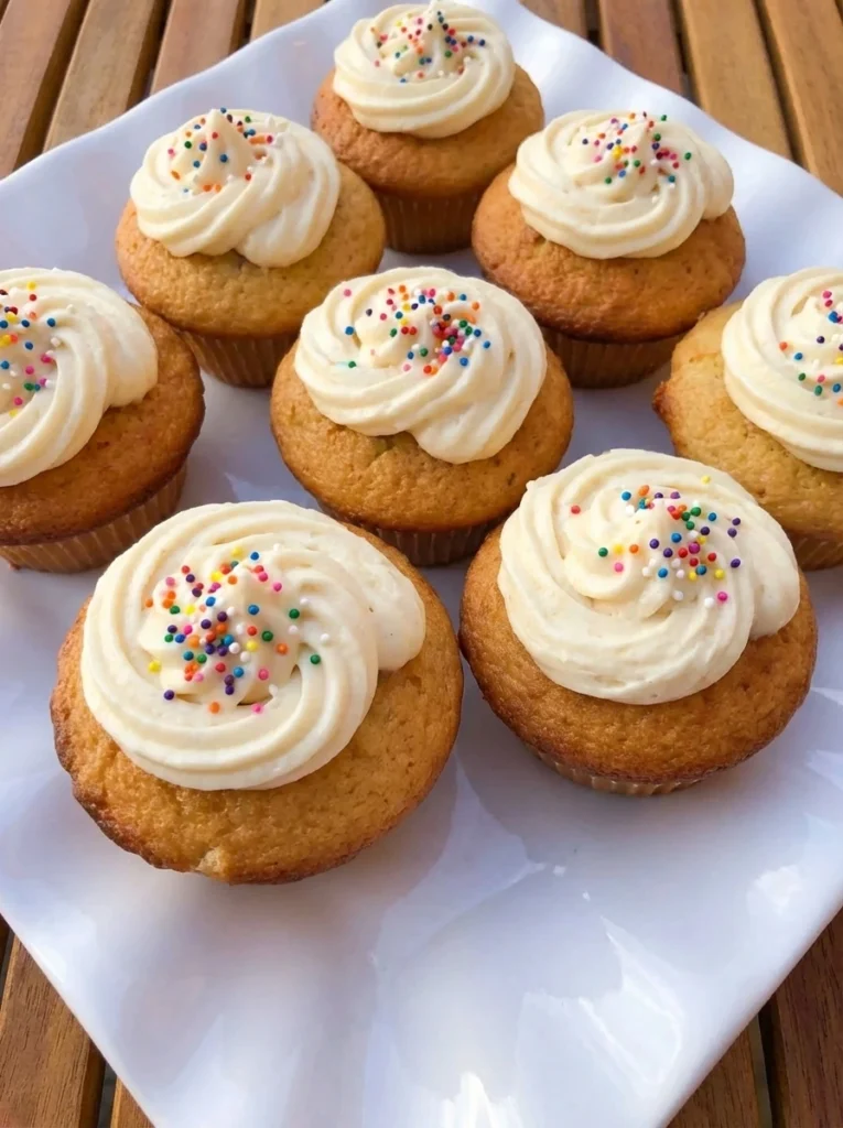 Classic Vanilla Cupcakes with creamy vanilla frosting on a white scalloped dessert plate