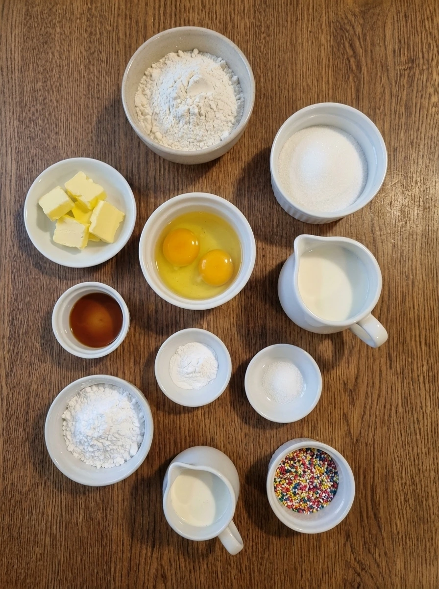 Measured ingredients for Classic Vanilla Cupcakes in separate small containers