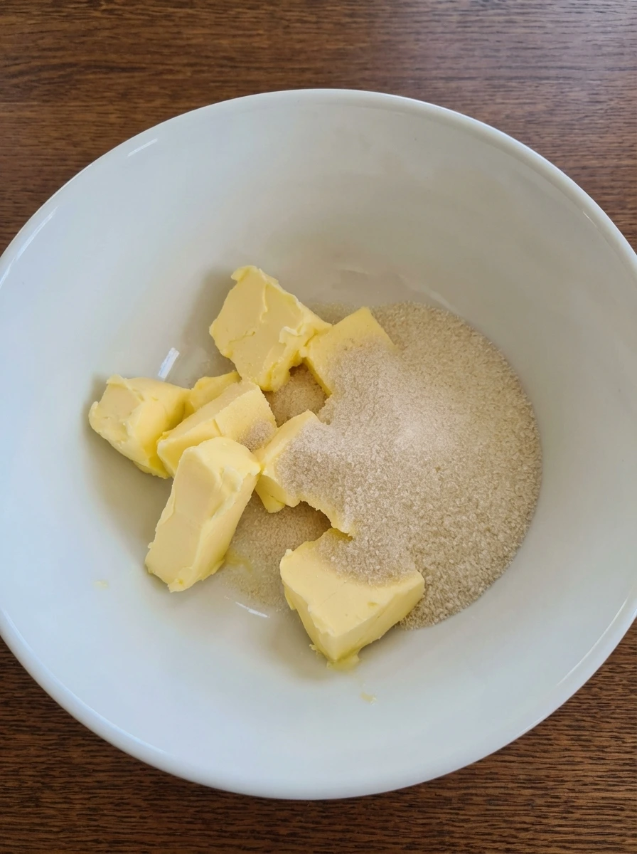 Measured sugar and cut butter in a bowl for vanilla cupcakes