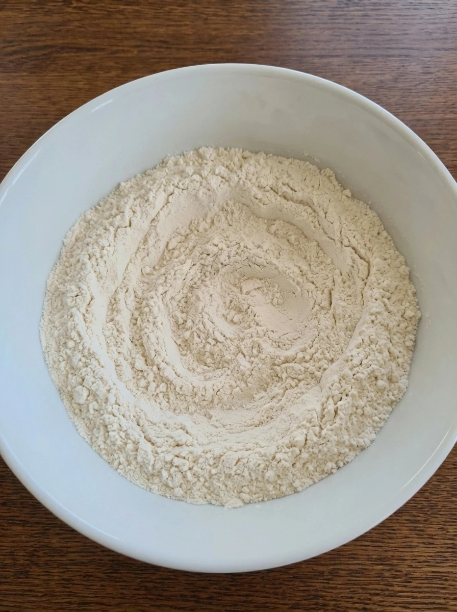 Dry flour mixture for Classic Vanilla Cupcakes in a white bowl