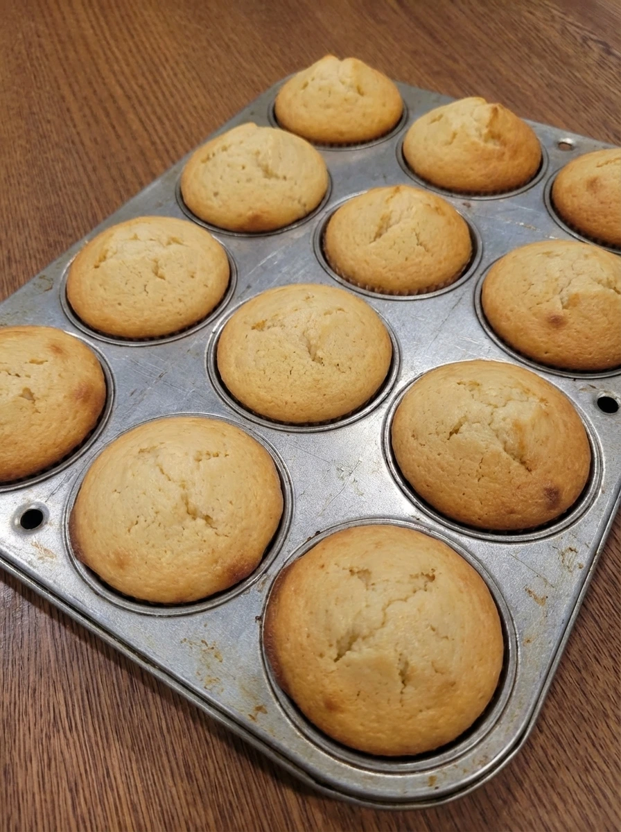 Freshly baked golden vanilla cupcakes in a muffin tray