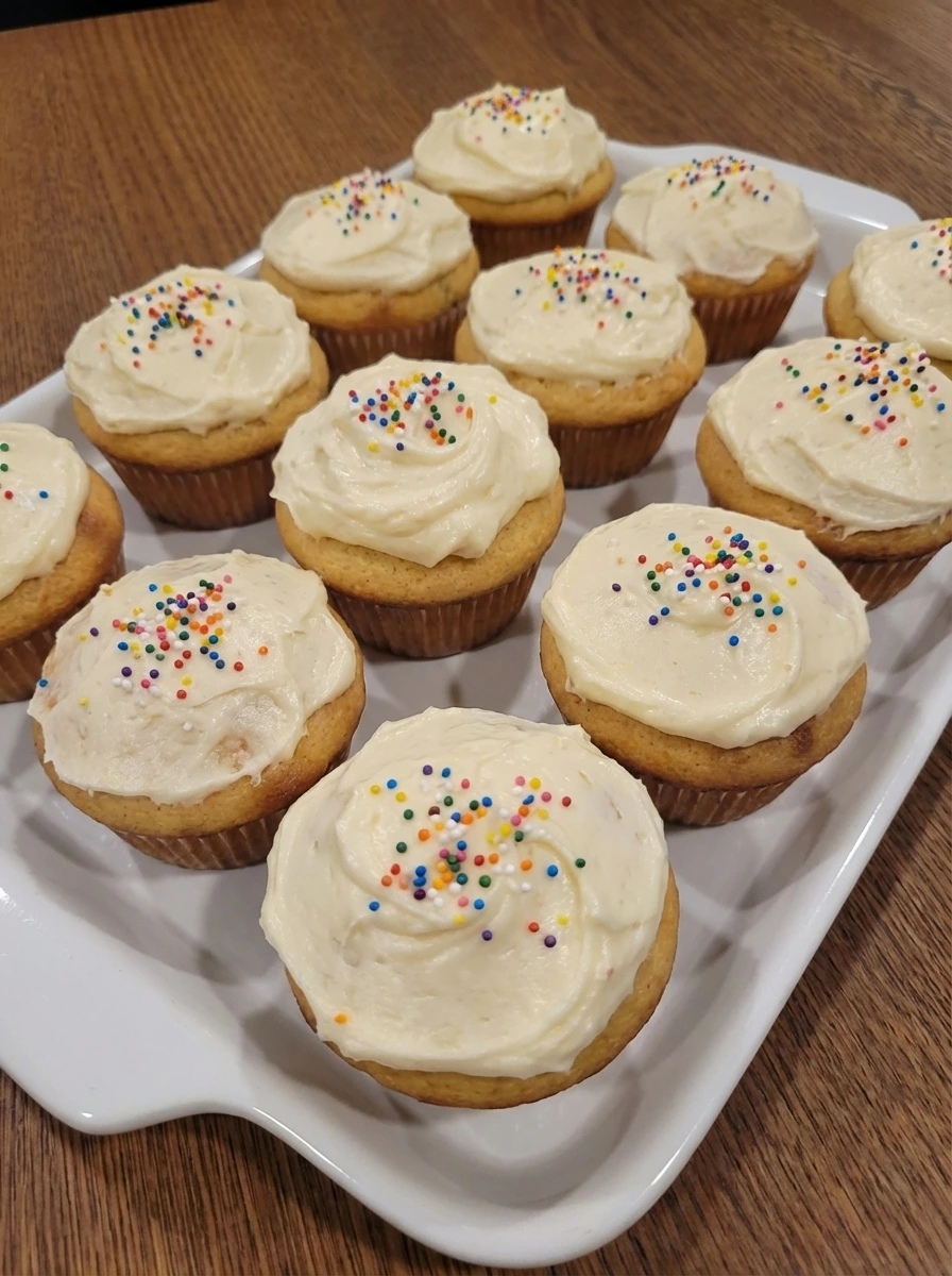 Frosted vanilla cupcakes with uneven swirls and sprinkles