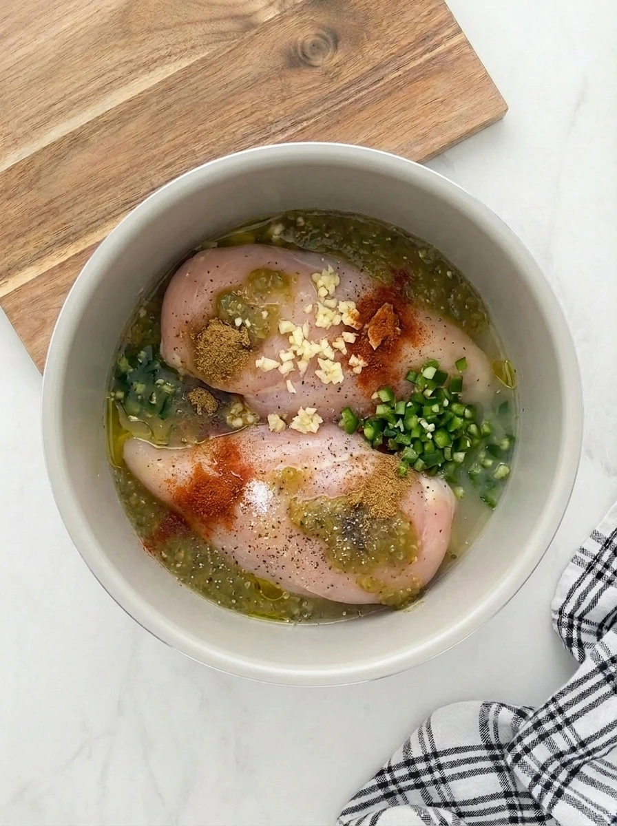 Raw boneless skinless chicken breast coated with salsa verde, lime and spices in a slow cooker.
