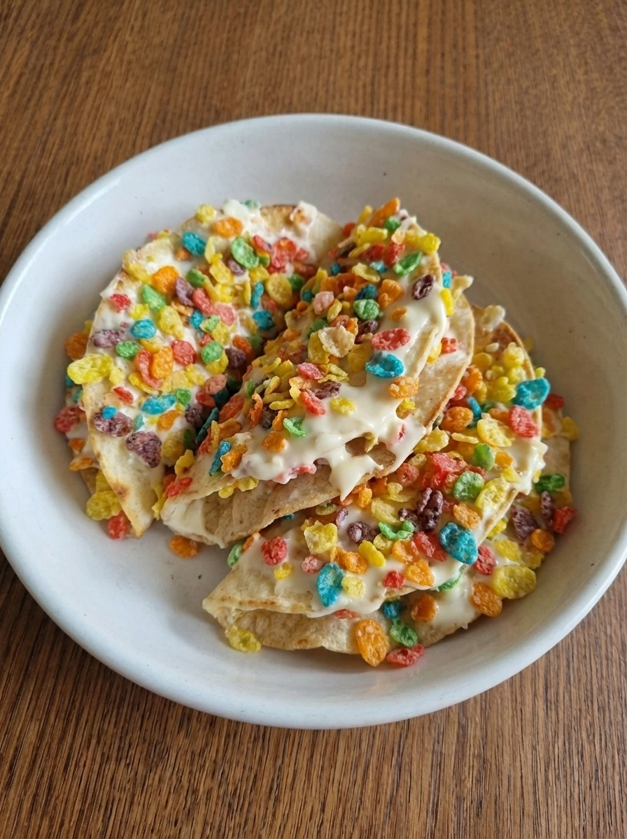 Taco shells coated with white chocolate and Fruity Pebbles cereal