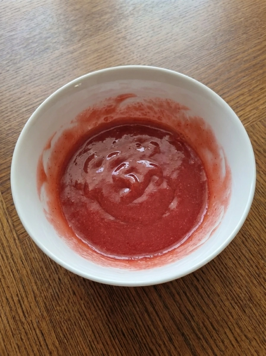 Thick glossy strawberry glaze in a natural white dish