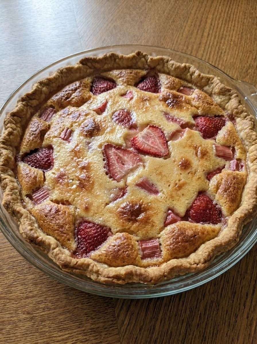Cooled Strawberry Rhubarb Custard Pie ready to slice.