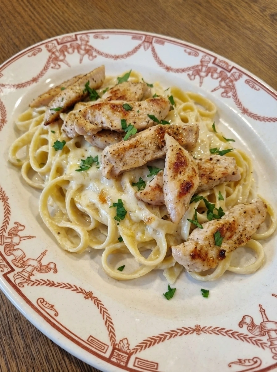 Creamy Chicken Alfredo Pasta on a rustic white ceramic dinner plate with sliced chicken and uneven parmesan sauce