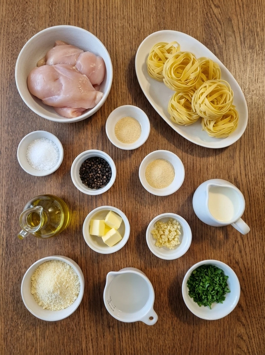 Raw ingredients for Creamy Chicken Alfredo Pasta in separate small white containers