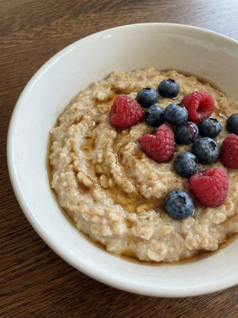 Creamy Old Fashioned Oatmeal in a rustic white shallow ceramic bowl with maple syrup and berries