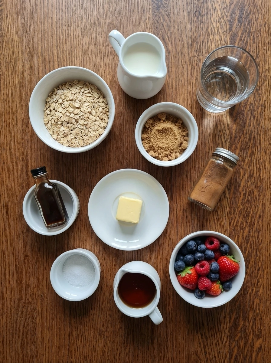 Ingredients for Creamy Old Fashioned Oatmeal in separate small white containers
