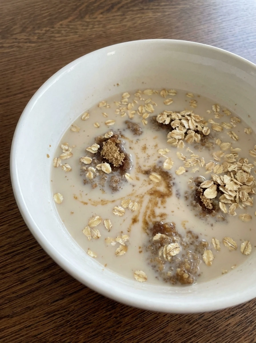 Old fashioned oats combined with milk water and sugar in a natural white dish