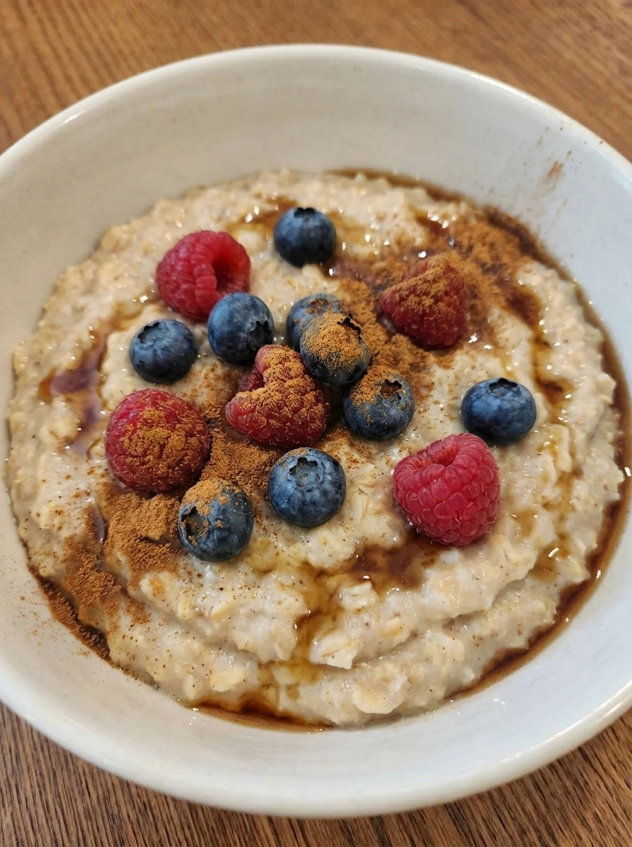 Finished Creamy Old Fashioned Oatmeal with berries and cinnamon in a natural white dish