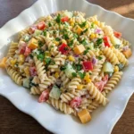 Creamy Pasta Salad in a white ceramic bowl with rotini vegetables cheddar and parsley.