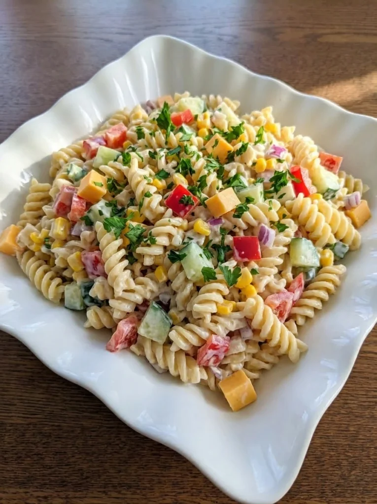 Creamy Pasta Salad in a white ceramic bowl with rotini vegetables cheddar and parsley.