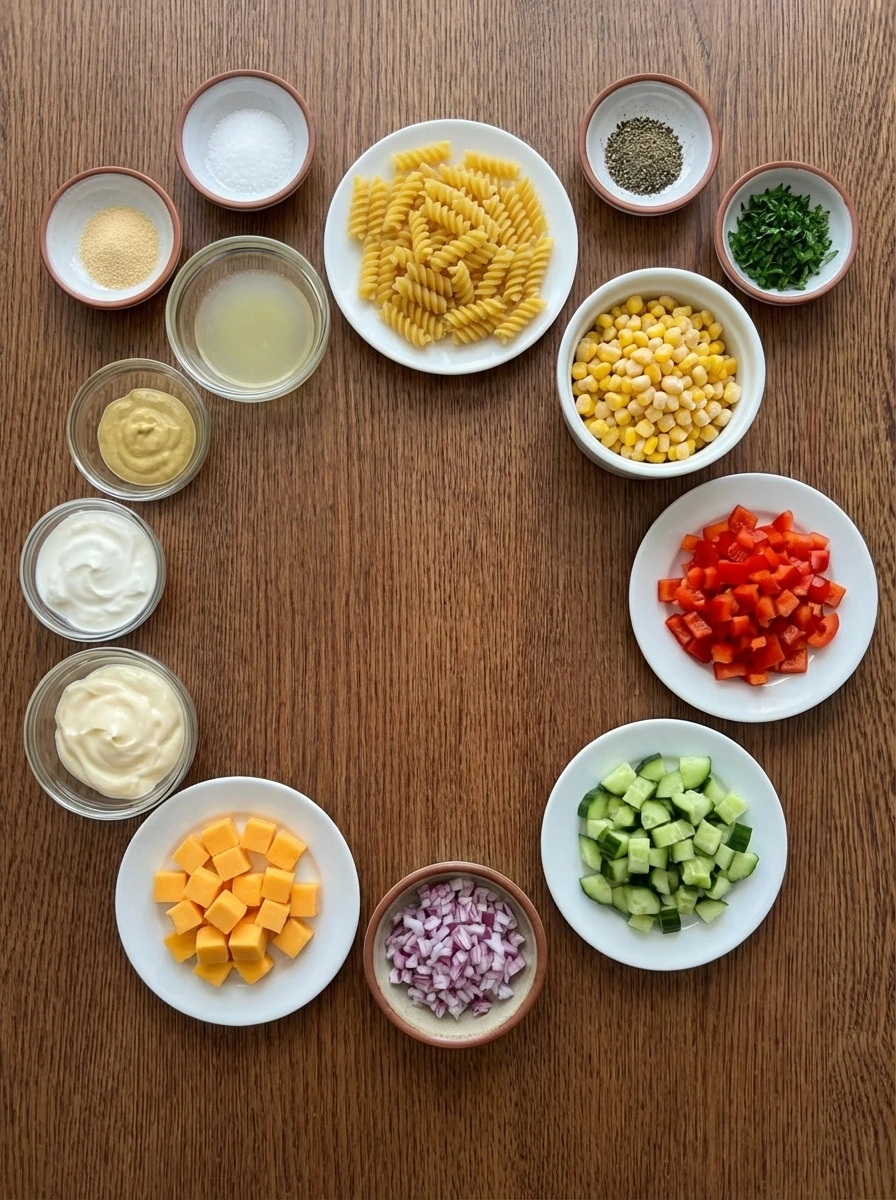 Ingredients for Creamy Pasta Salad in separate small containers.