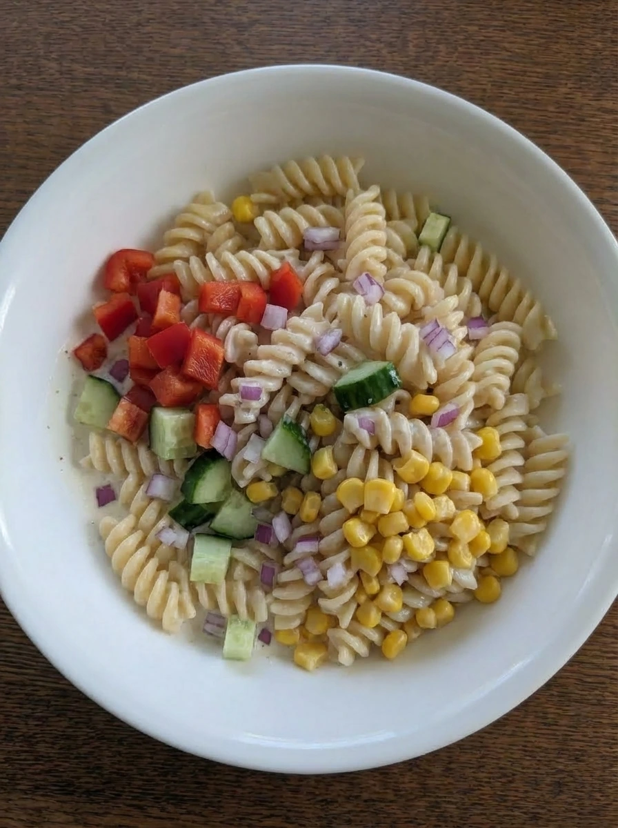 Creamy pasta salad with vegetables and corn folded in.