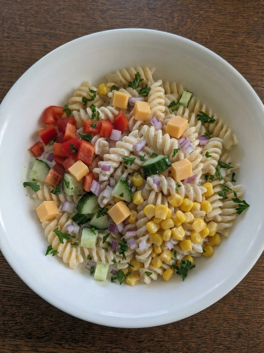 Cheddar cubes and parsley folded into creamy pasta salad.