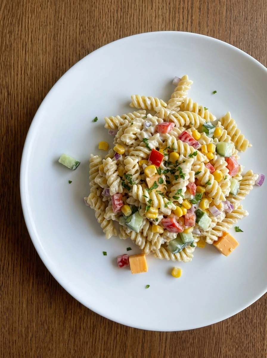 Chilled Creamy Pasta Salad ready to serve in a white ceramic bowl.
