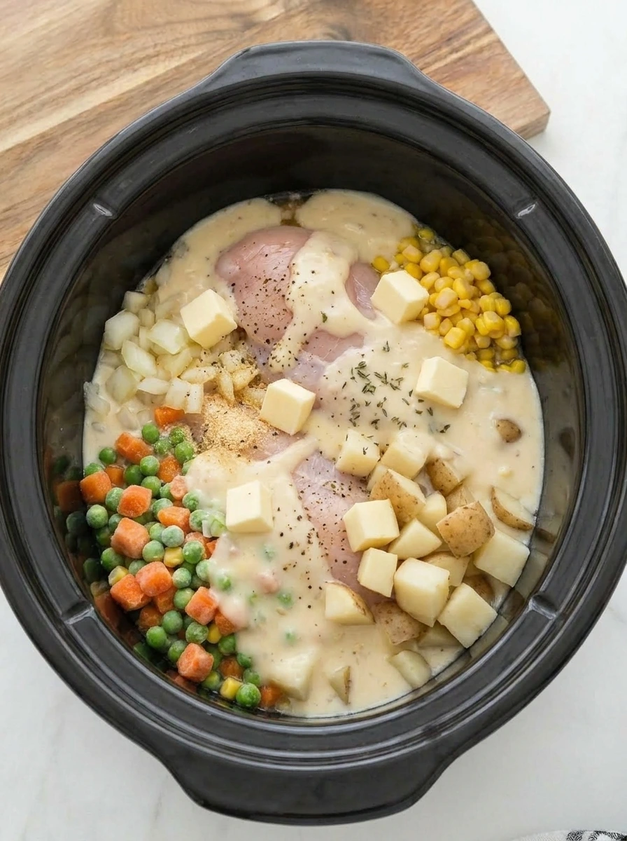 Creamy sauce spread over chicken and vegetables in a slow cooker