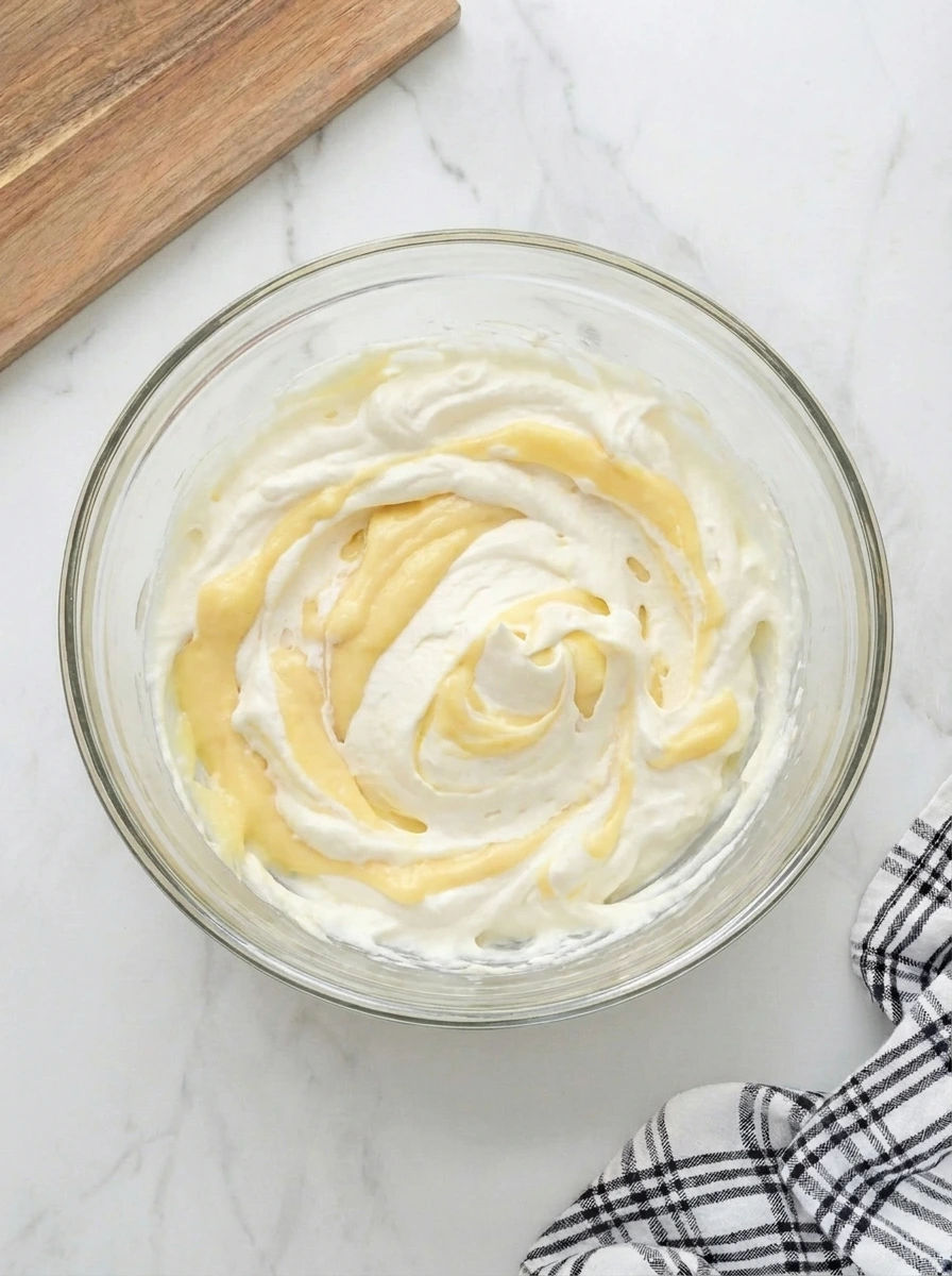 Creamy whipped filling folded with vanilla pudding for trifle.