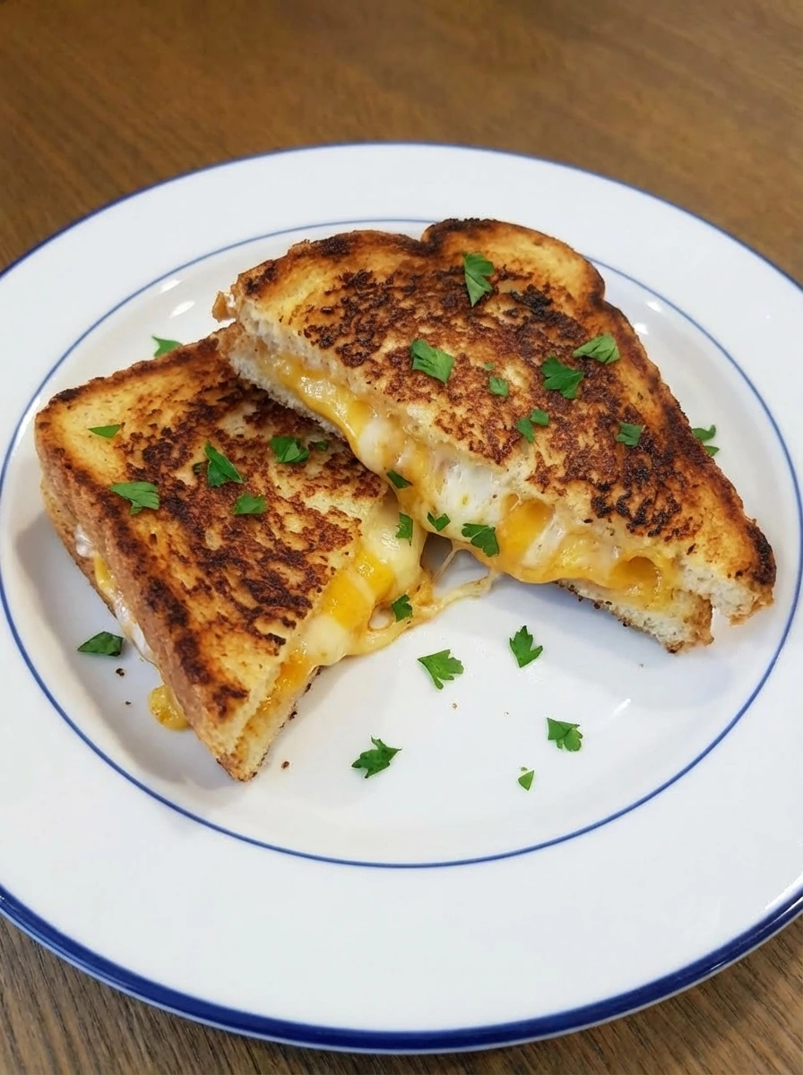 Crispy Grilled Cheese Sandwich on a white plate with golden bread and melted cheese
