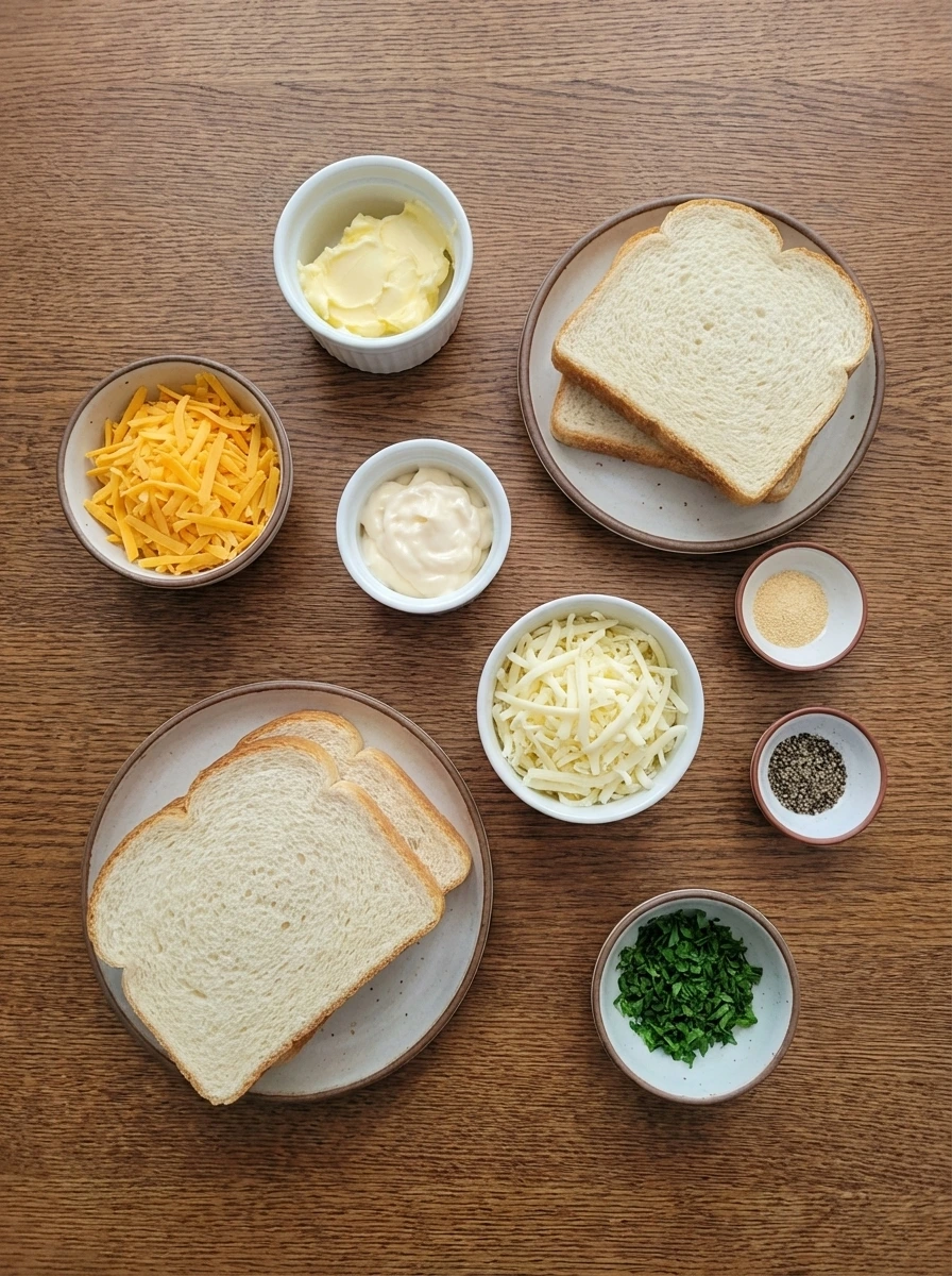 Ingredients for Crispy Grilled Cheese Sandwich in separate small containers